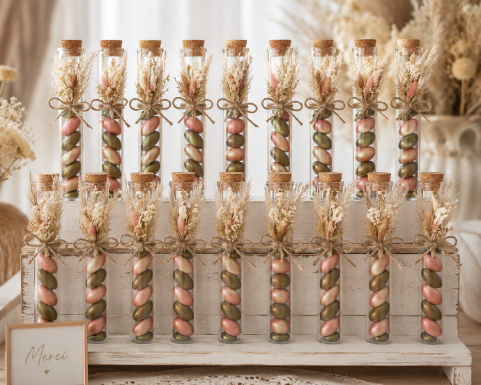 Présentation de fioles de dragées pour un mariage