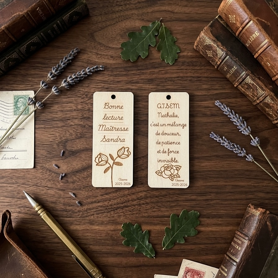 Marque-page personnalisé en bois – Cadeau maîtresse, maître et ATSEM fin d’année