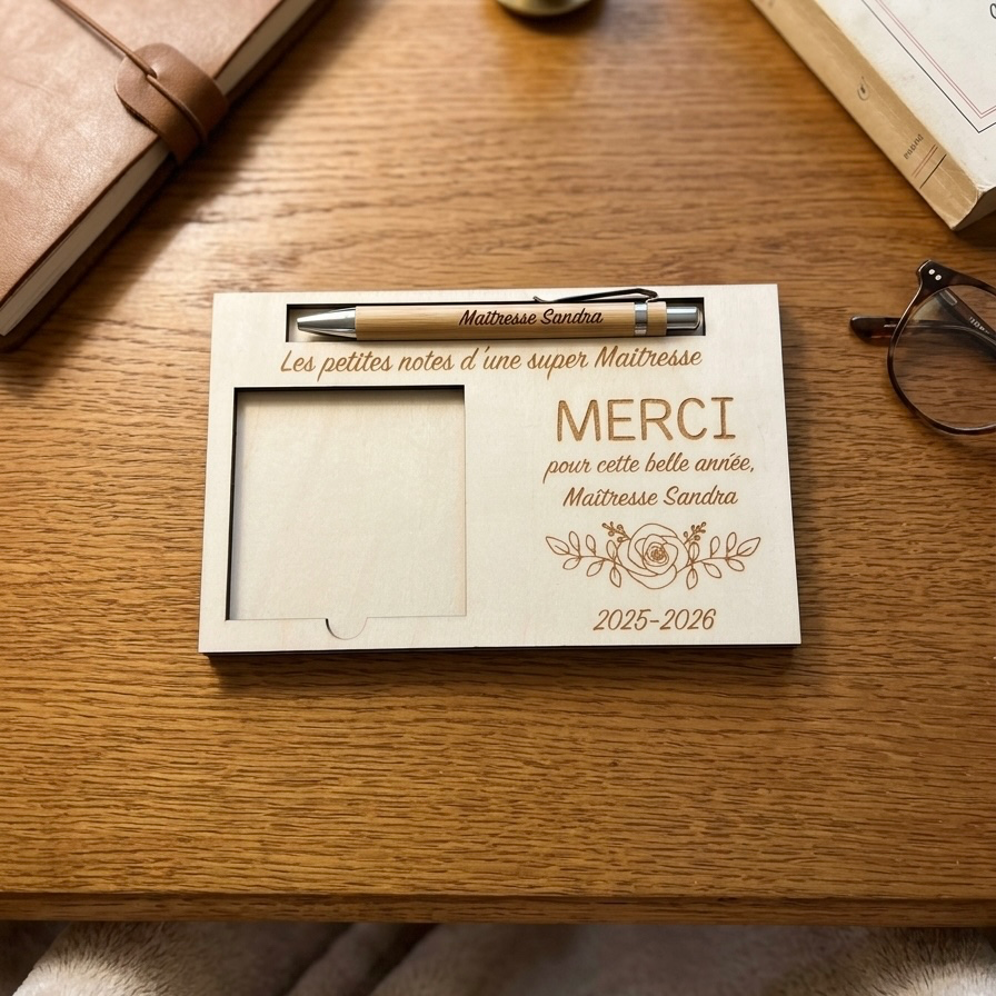 Porte post-it personnalisé en bois avec stylo